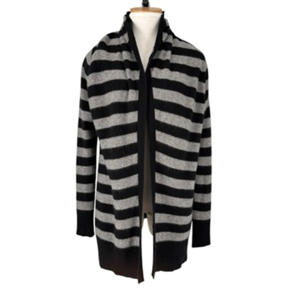 Joie 100% Cashmere Cardigan Striped Long Classic Gray Black Soft Long Sleeve